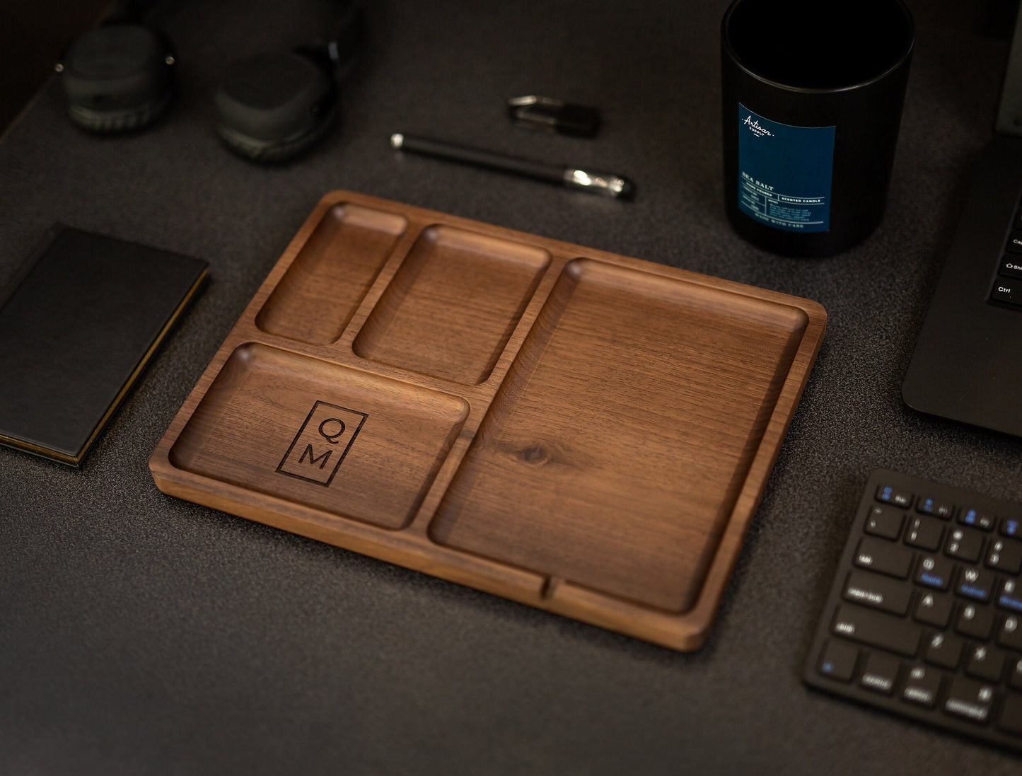 Rectangle Organizer Catchall D2 - 8.5x11.5" Large Wood Engraved Tray, Home Work Office Table Charger Station, Honeymoon Gift for Husband