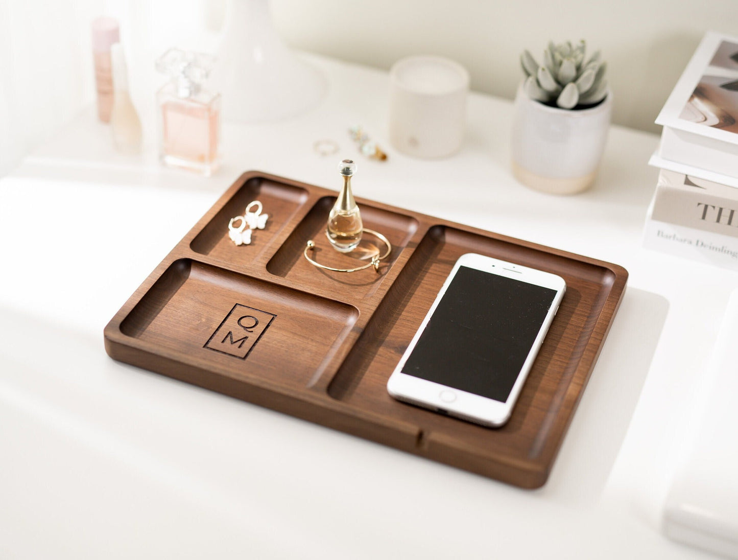 Rectangle Organizer Catchall D2 - 8.5x11.5" Large Wood Engraved Tray, Home Work Office Table Charger Station, Back to School, Teacher Gift
