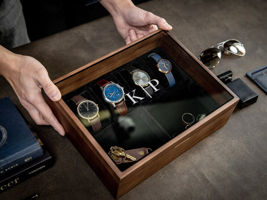 8x10 Wood Watch Box with Glass Lid (Design 1) - Simple Modern Multifunctional Jewelry Box for Men, Wedding Party Gift for Groom Husband Son