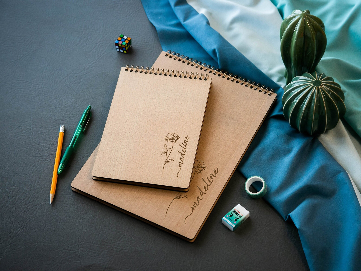 Engraved Spiral Wood Notebook (Design F) - Wooden Drawing Notepad with Floral Design, Graphic Artist Designer Sketch Pad Spiral Student Gift