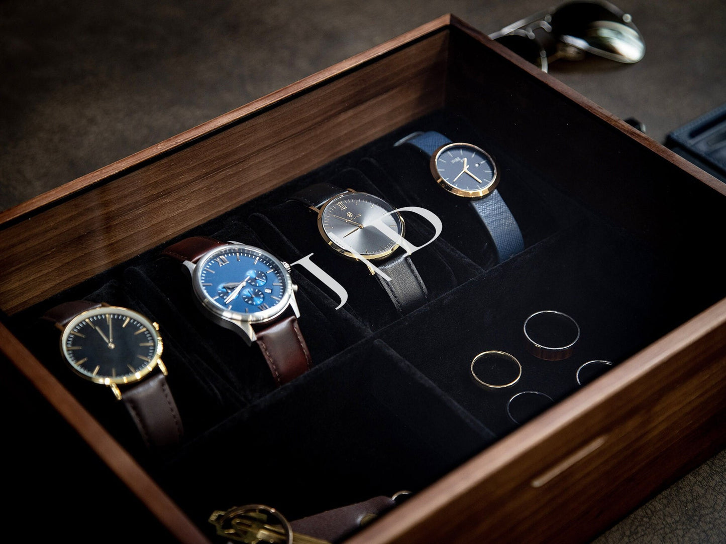 8x10 Wood Watch Box with Glass Lid (Design 1) - Simple Modern Multifunctional Jewelry Box for Men, Wedding Party Gift for Groom Husband Son