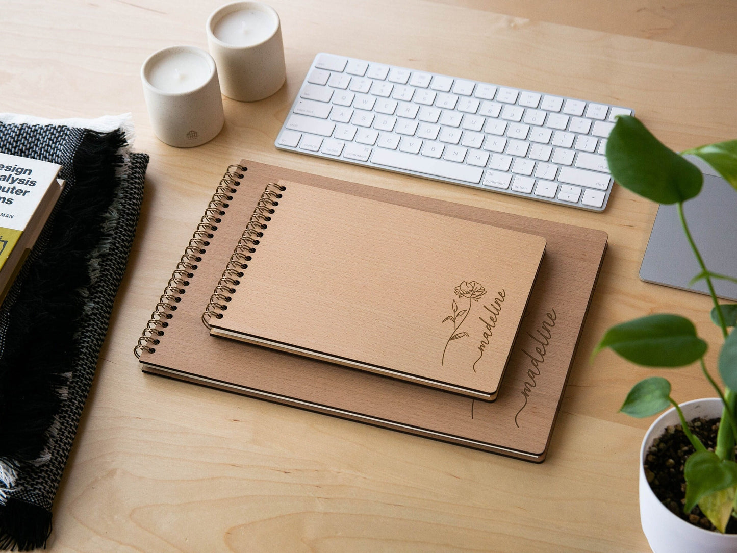 Engraved Spiral Wood Notebook (Design F) - Wooden Drawing Notepad with Floral Design, Graphic Artist Designer Sketch Pad Spiral Student Gift