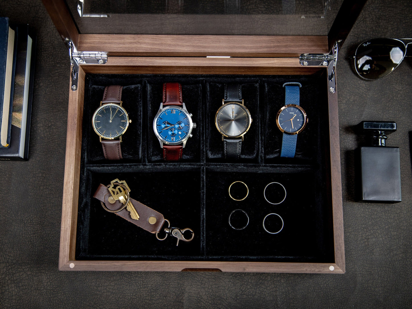 8x10 Wood Watch Box with Glass Lid (Design 1) - Simple Modern Multifunctional Jewelry Box for Men, Wedding Party Gift for Groom Husband Son