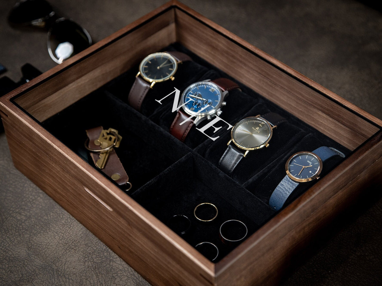 8x10 Wood Watch Box with Glass Lid (Design 1) - Simple Modern Multifunctional Jewelry Box for Men, Wedding Party Gift for Groom Husband Son