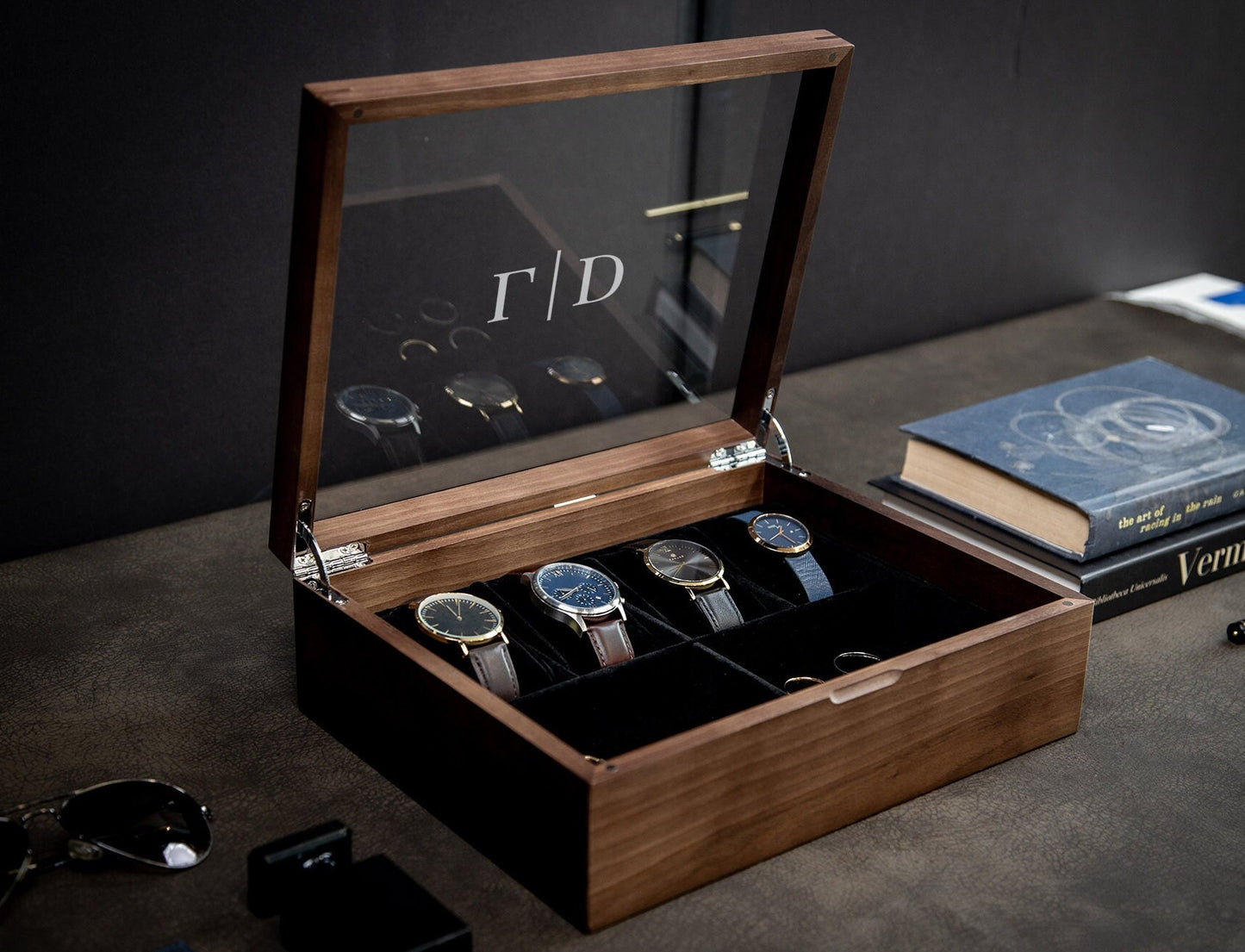 8x10 Wood Watch Box with Glass Lid (Design 1) - Simple Modern Multifunctional Jewelry Box for Men, Wedding Party Gift for Groom Husband Son