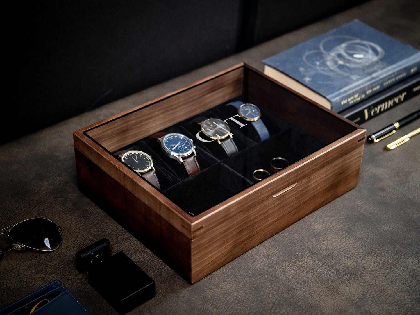 8x10 Wood Watch Box with Glass Lid (Design 1) - Simple Modern Multifunctional Jewelry Box for Men, Wedding Party Gift for Groom Husband Son