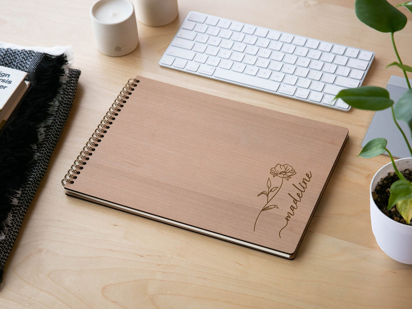 Engraved Spiral Wood Notebook (Design F) - Wooden Drawing Notepad with Floral Design, Graphic Artist Designer Sketch Pad Spiral Student Gift