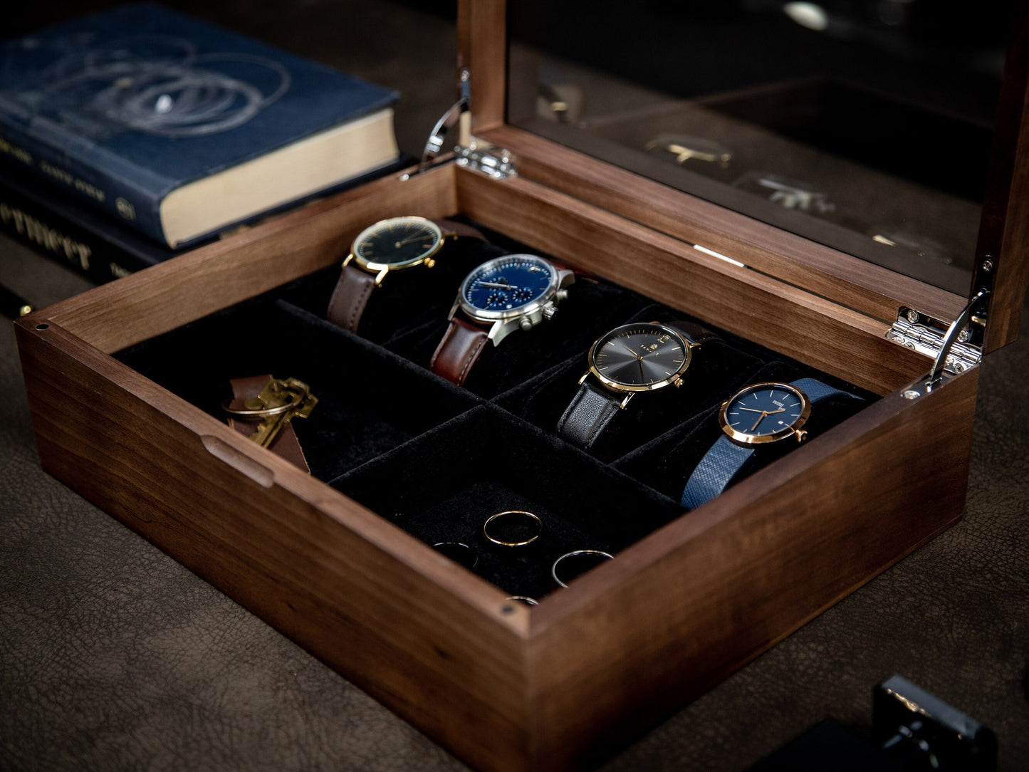 8x10 Wood Watch Box with Glass Lid (Design 1) - Simple Modern Multifunctional Jewelry Box for Men, Wedding Party Gift for Groom Husband Son