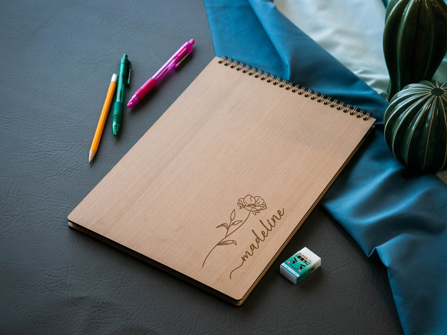 Engraved Spiral Wood Notebook (Design F) - Wooden Drawing Notepad with Floral Design, Graphic Artist Designer Sketch Pad Spiral Student Gift