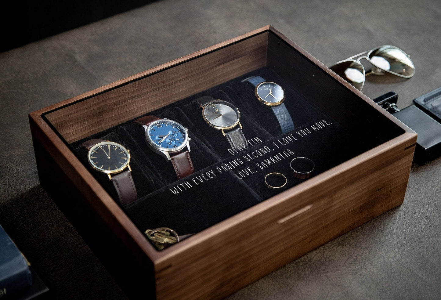 8x10 Wood Watch Box with Glass Lid (Design 9) - Birthday Gift for Son Husband Boyfriend Watch Enthusiast Jewelry Display Valet Wooden Box
