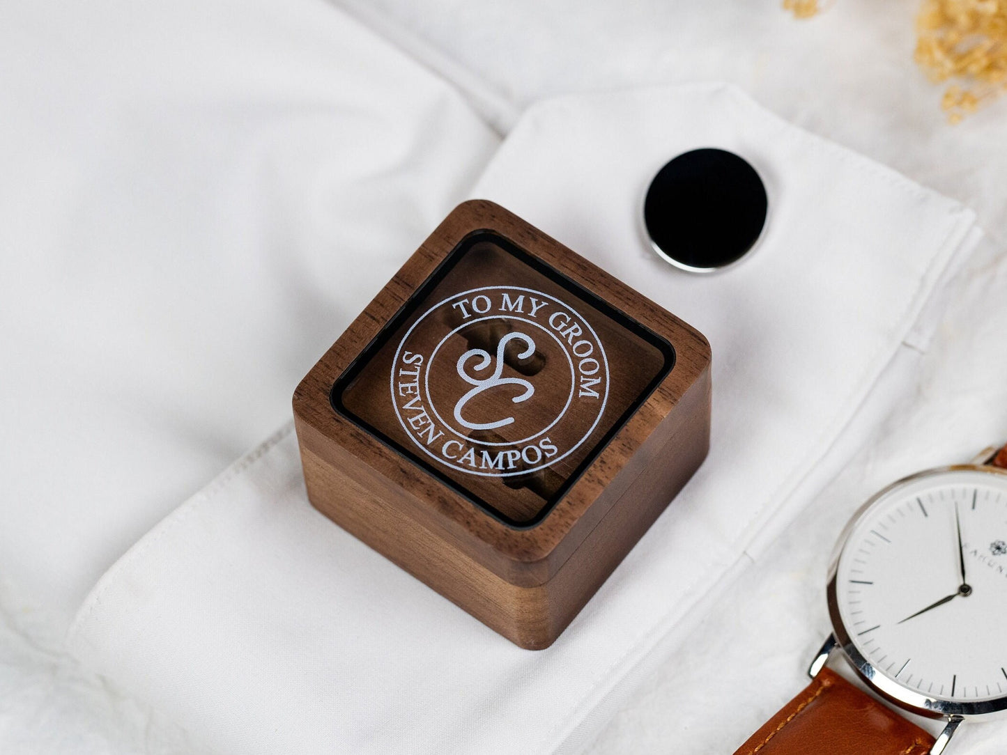 Square Cufflinks Box w/ Glass Lid Only ( Cufflinks NOT included ) - Wedding Day Cuff links Gift Husband Dad Groomsmen Father of Bride Groom