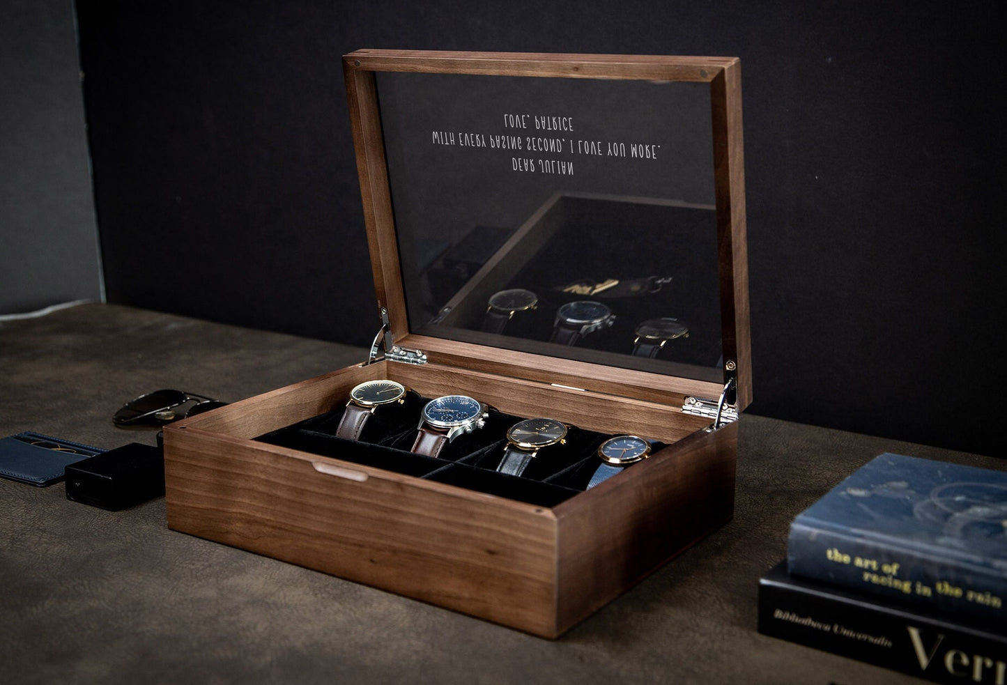 8x10 Wood Watch Box with Glass Lid (Design 9) - Birthday Gift for Son Husband Boyfriend Watch Enthusiast Jewelry Display Valet Wooden Box