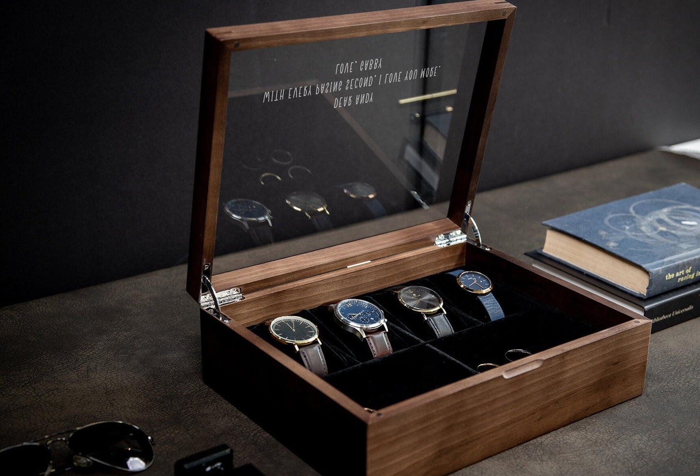 8x10 Wood Watch Box with Glass Lid (Design 9) - Birthday Gift for Son Husband Boyfriend Watch Enthusiast Jewelry Display Valet Wooden Box
