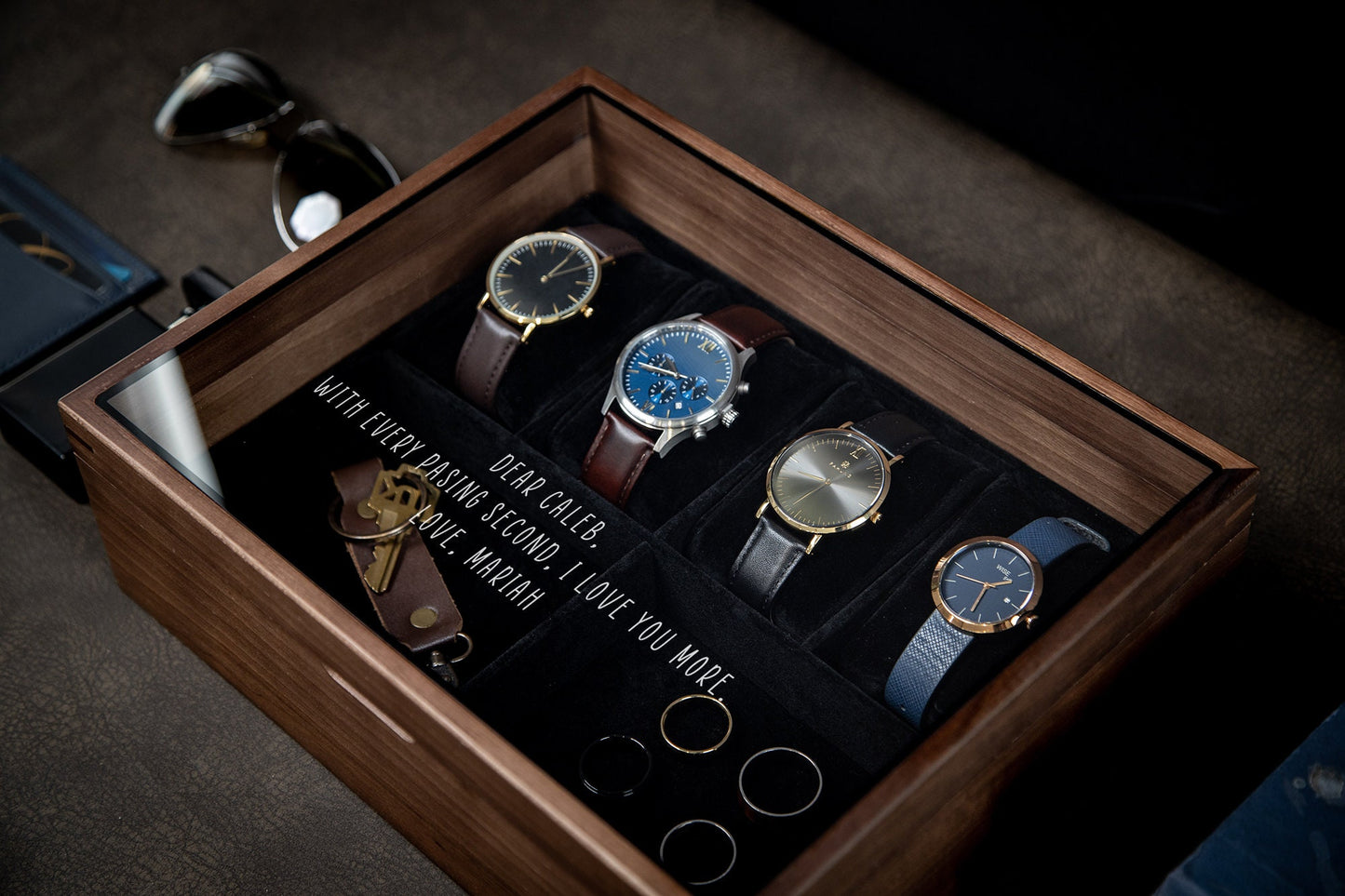 8x10 Wood Watch Box with Glass Lid (Design 9) - Birthday Gift for Son Husband Boyfriend Watch Enthusiast Jewelry Display Valet Wooden Box