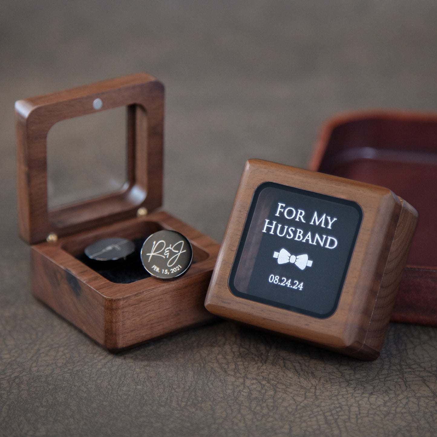 Cufflinks w/ Premium Cufflinks Box w/ Glass Lid - Custom Wooden Cufflinks Box, Anniversary Honeymoon Wedding Gift, To My Husband Groom Son