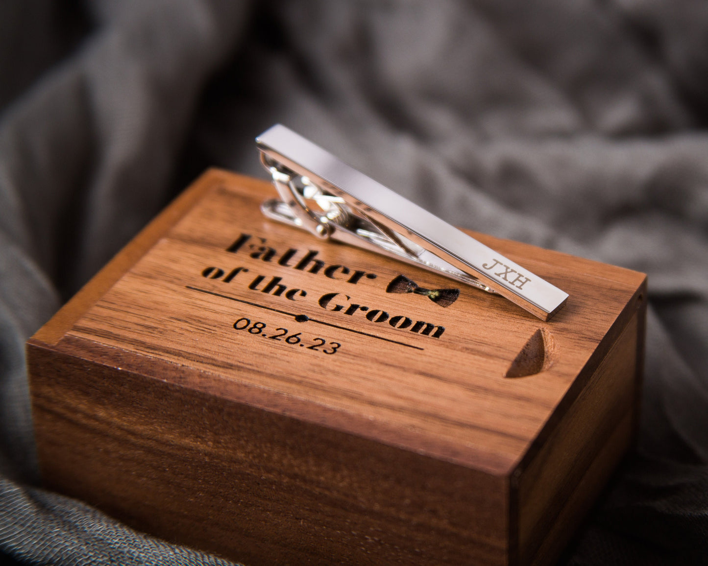 Tie Clip Bar with Tall Box Set- Custom Engraved Wooden Cuff links Box, Engagement Gift, Custom Box for Dad Father of the Bride Groom Son
