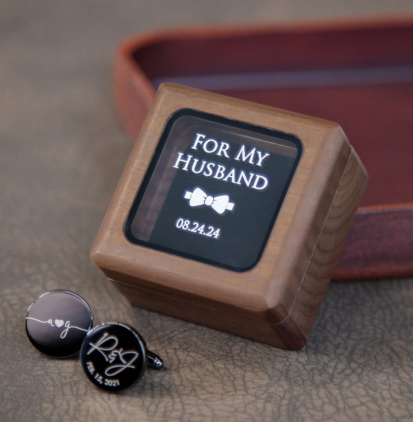 Cufflinks w/ Premium Cufflinks Box w/ Glass Lid - Custom Wooden Cufflinks Box, Anniversary Honeymoon Wedding Gift, To My Husband Groom Son