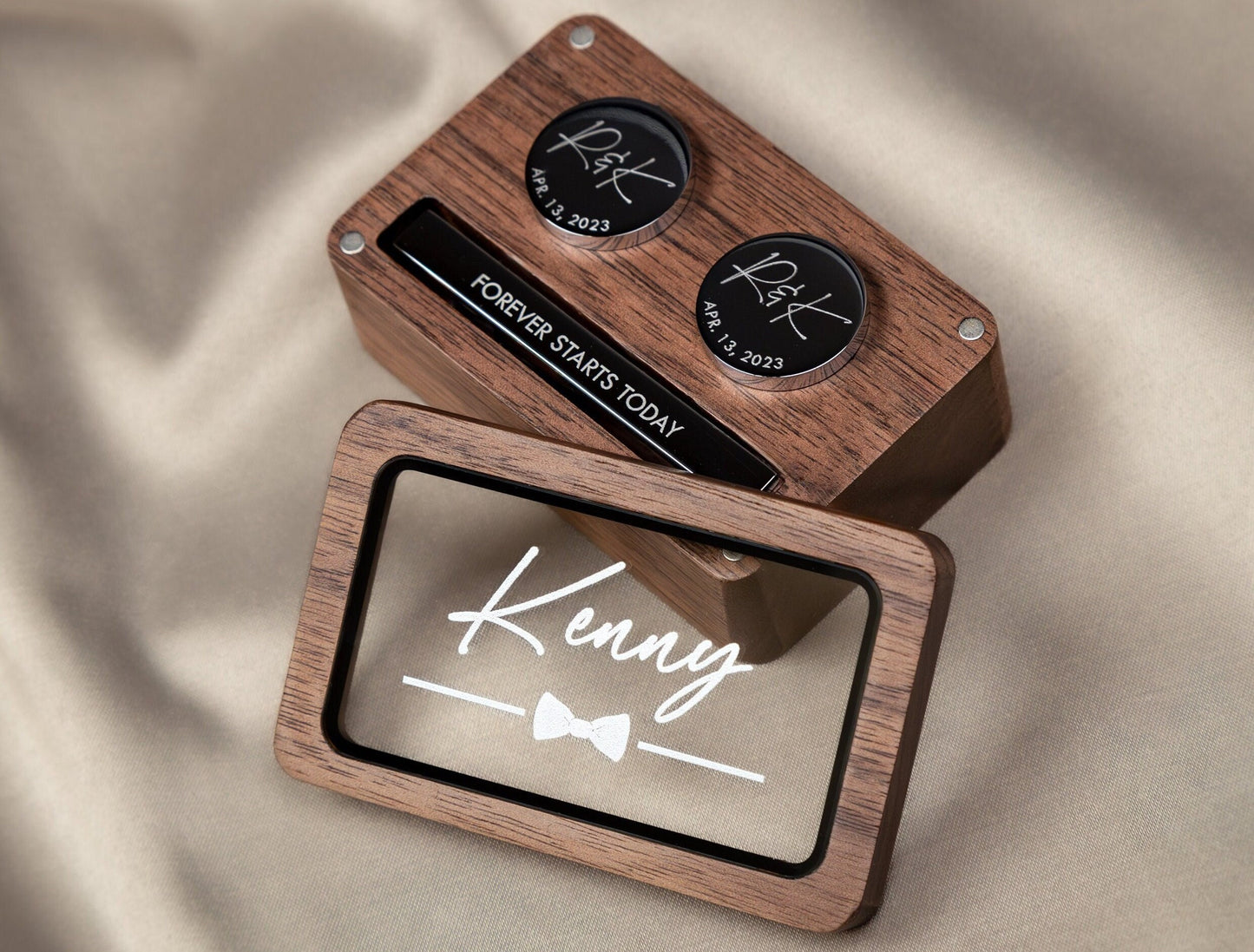 Metal Cufflinks, Tie Clip & Rec Gift Box w Glass Lid - Wedding Day Cuff links Gift for Groom with Custom Name from Bride, Groomsmen Favors