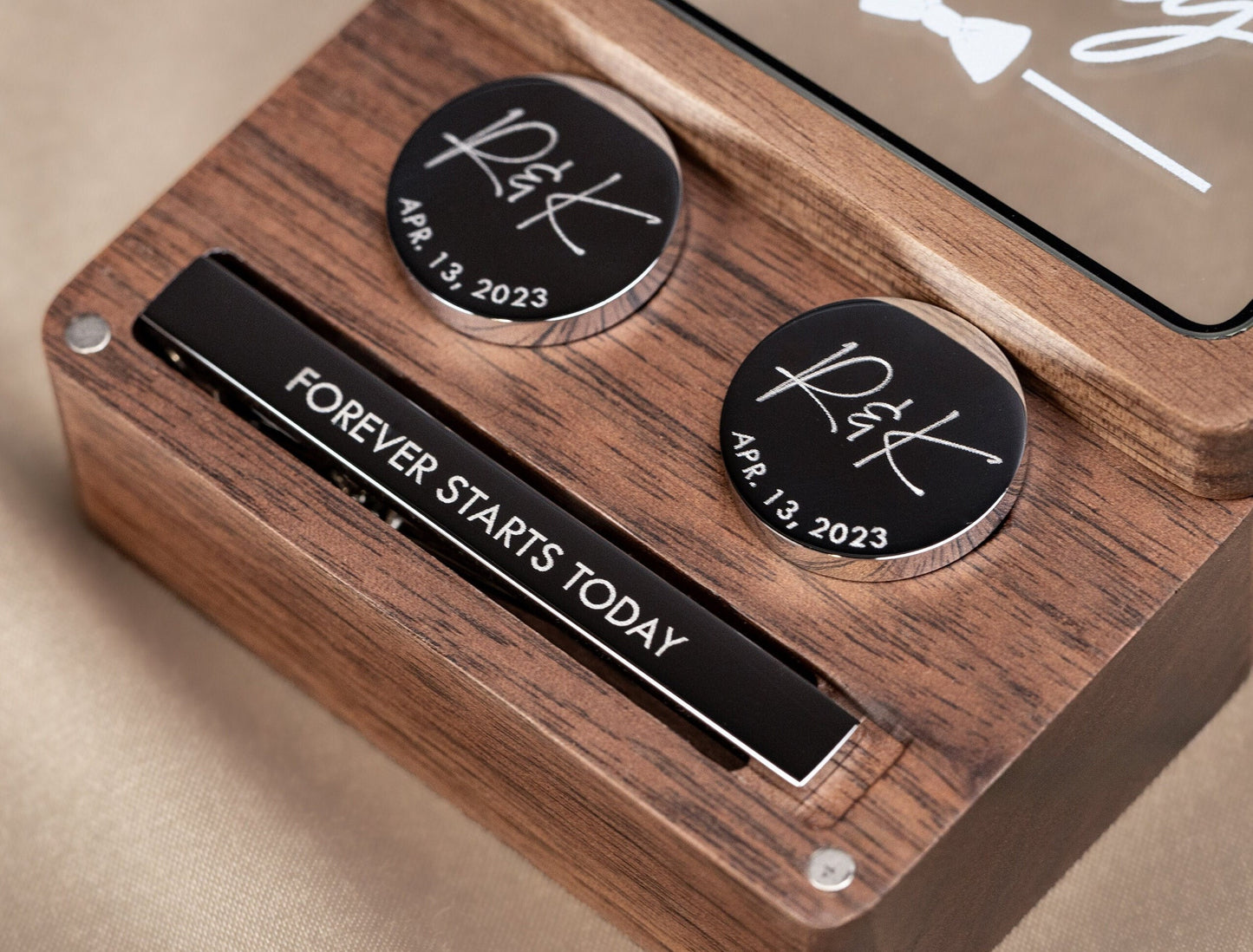 Metal Cufflinks, Tie Clip & Rec Gift Box w Glass Lid - Wedding Day Cuff links Gift for Groom with Custom Name from Bride, Groomsmen Favors
