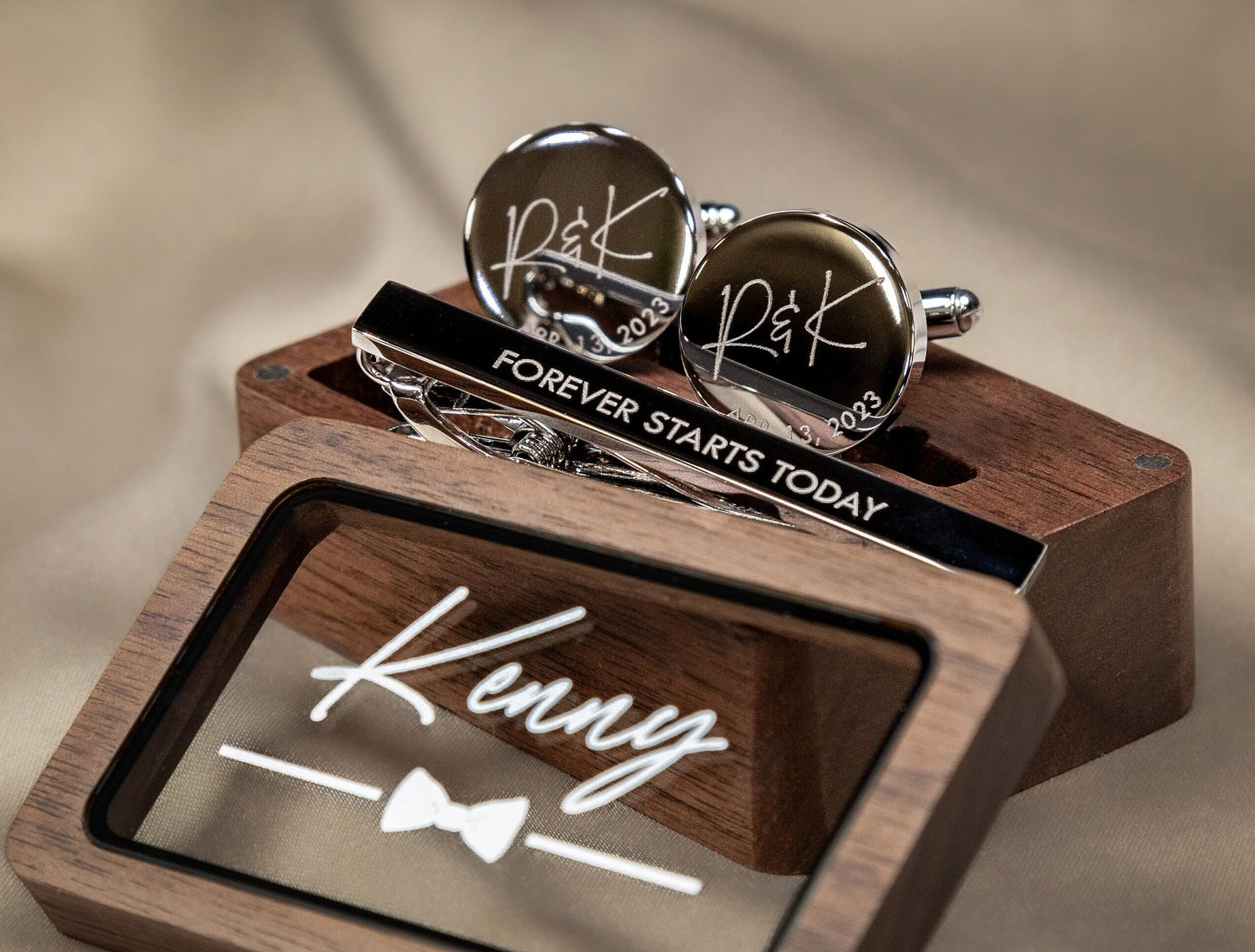 Metal Cufflinks, Tie Clip & Rec Gift Box w Glass Lid - Wedding Day Cuff links Gift for Groom with Custom Name from Bride, Groomsmen Favors