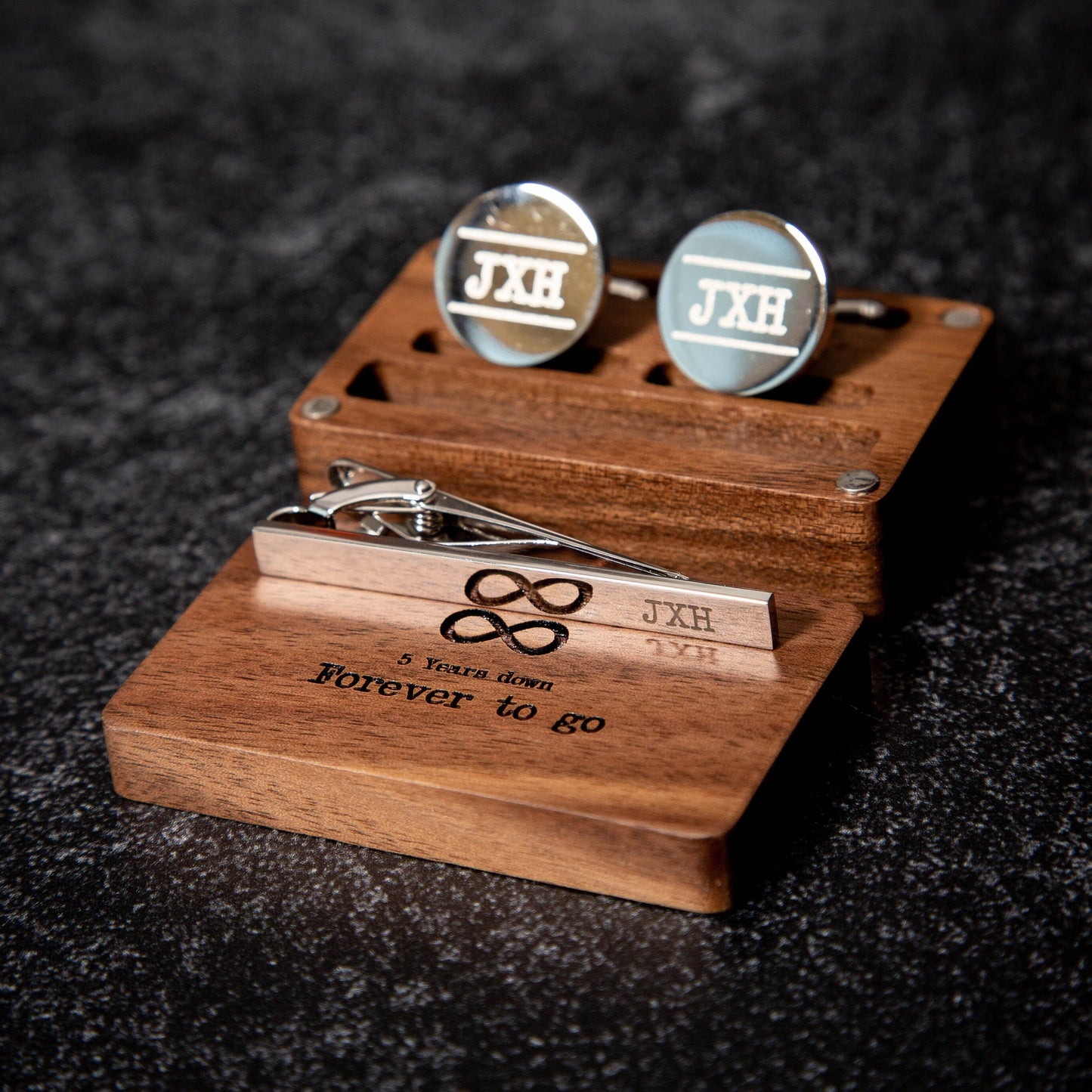 Metal Cufflinks, Tie Clip & Rectangle Gift Box - 5th Wood Anniversary Gift for Husband from Wife, Customized Birthday Honeymoon Wedding Gift