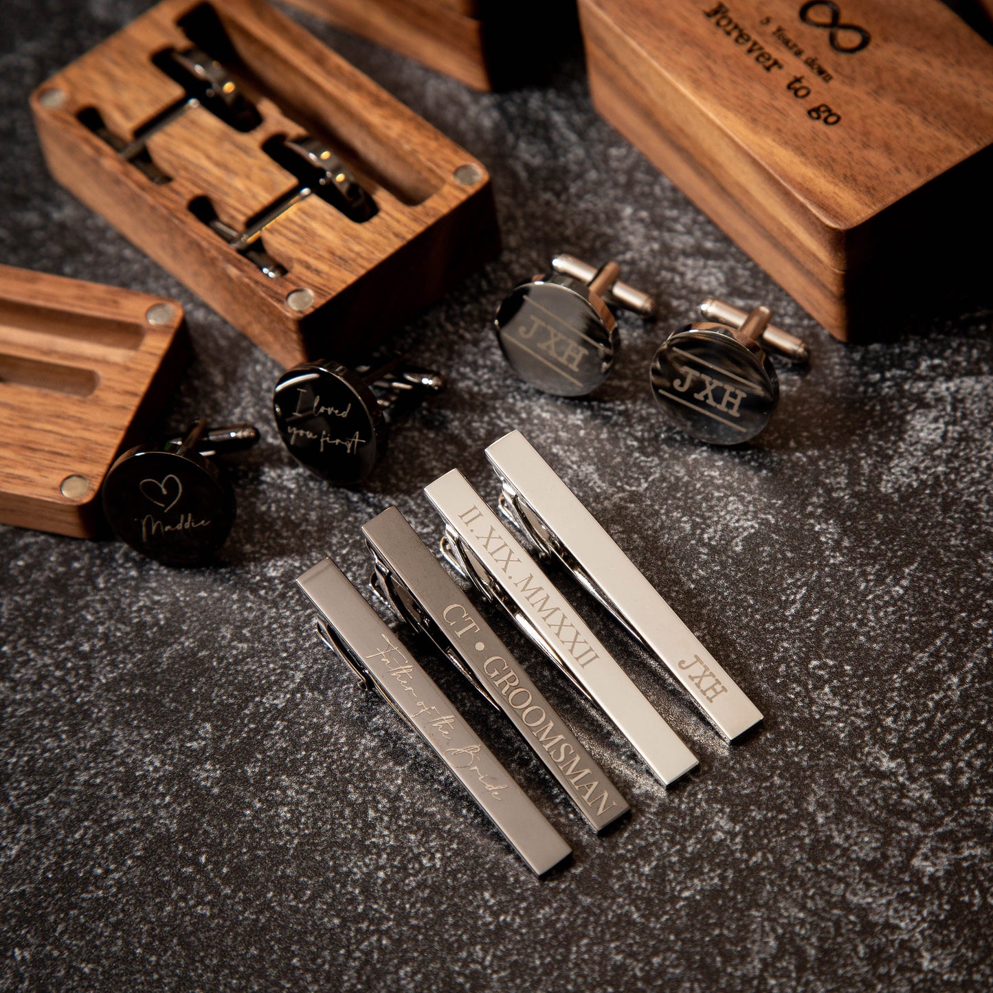 Metal Cufflinks, Tie Clip & Rectangle Gift Box - 5th Wood Anniversary Gift for Husband from Wife, Customized Birthday Honeymoon Wedding Gift