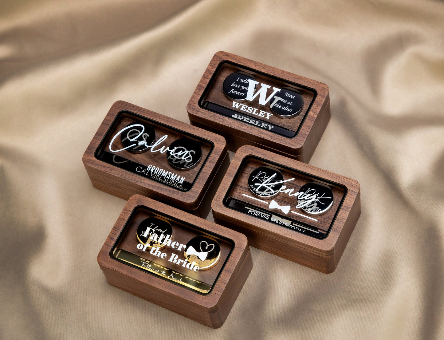 Metal Cufflinks, Tie Clip & Rec Gift Box w Glass Lid - Wedding Day Cuff links Gift for Groom with Custom Name from Bride, Groomsmen Favors
