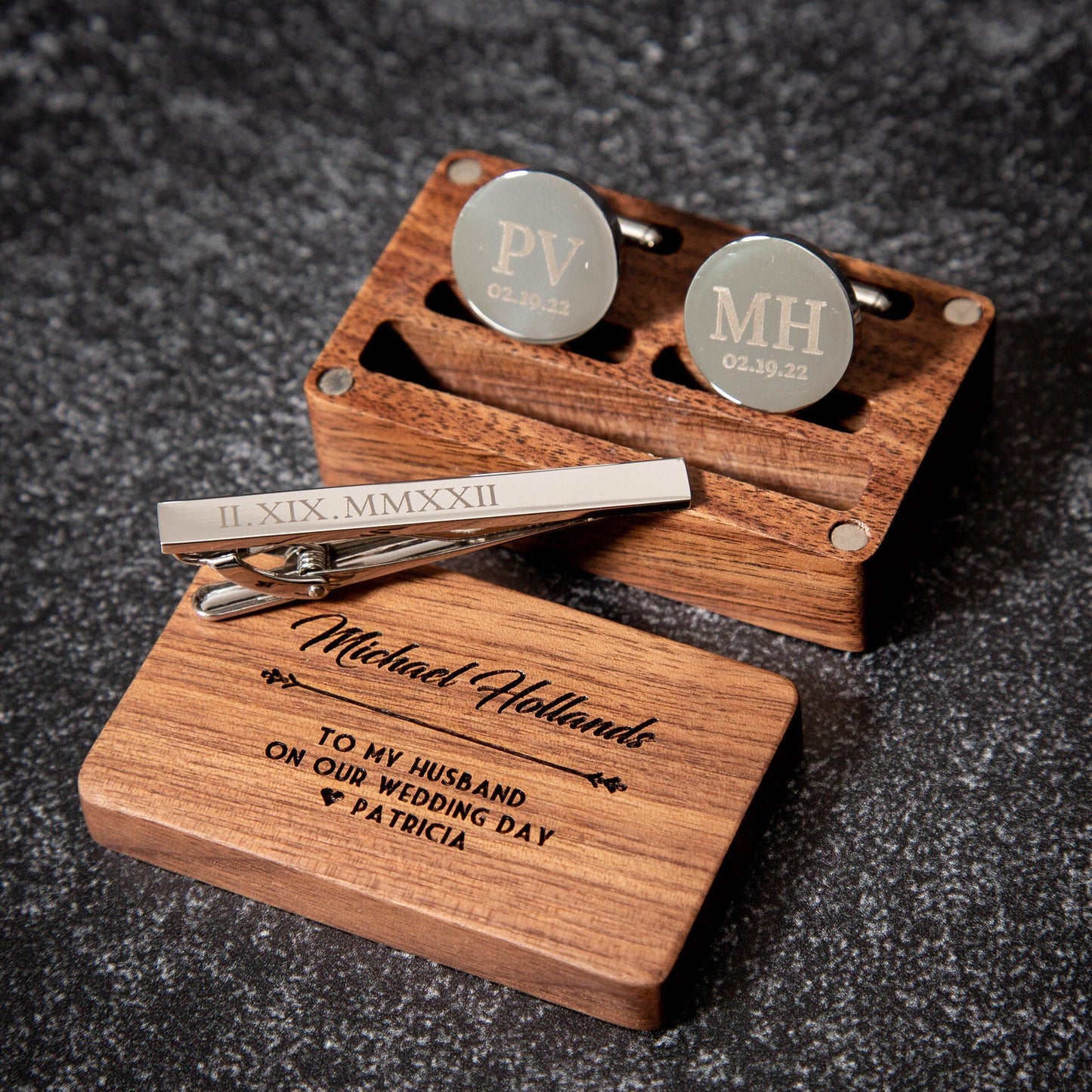 Metal Cufflinks, Tie Clip & Rectangle Gift Box - 5th Wood Anniversary Gift for Husband from Wife, Customized Birthday Honeymoon Wedding Gift