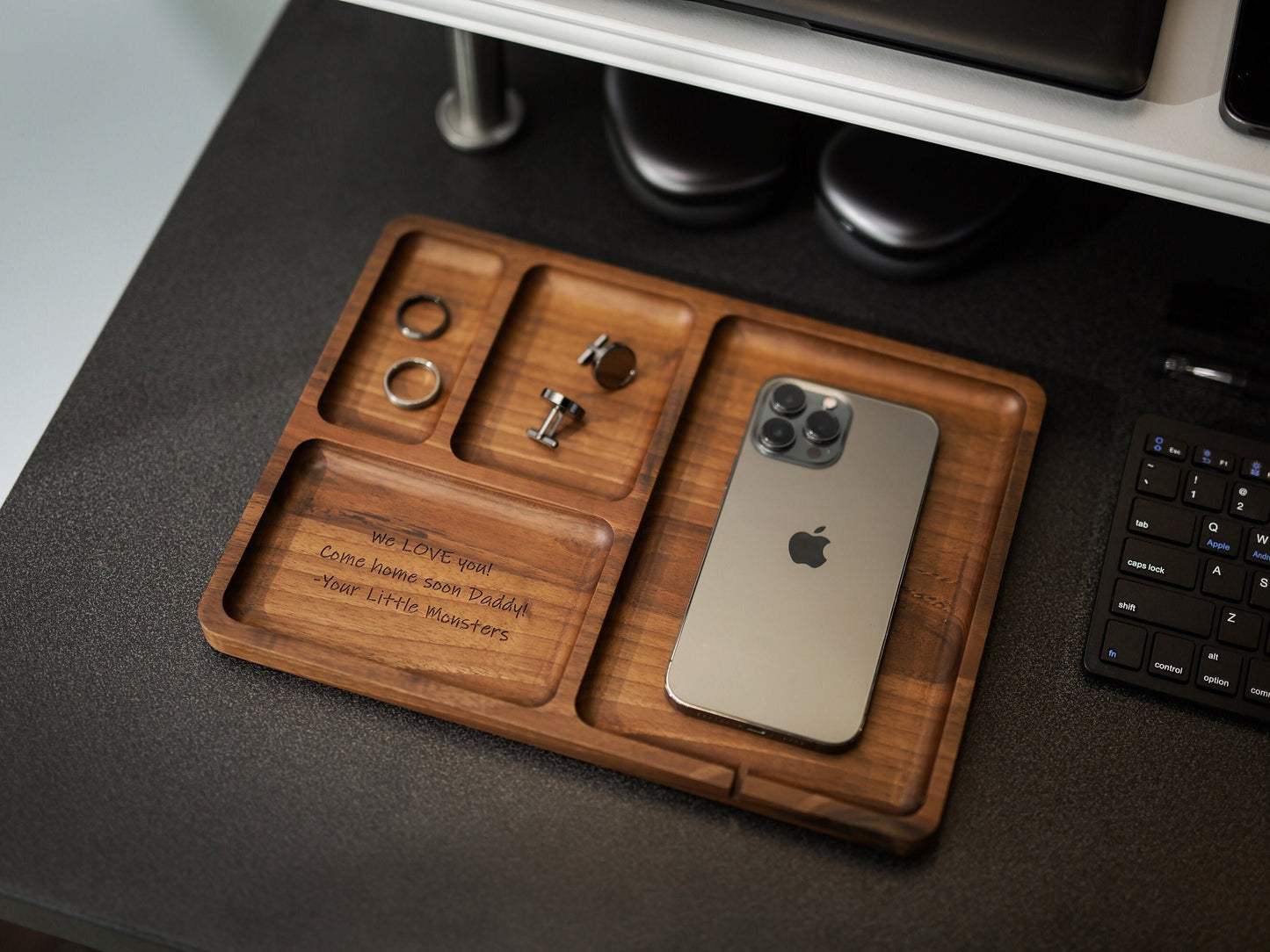 Rectangle Organizer Catchall D3 - 8.5x11.5" Large Wood Engraved Tray, Home Work Office Table Charging Station, Unique Gift for Husband Dad