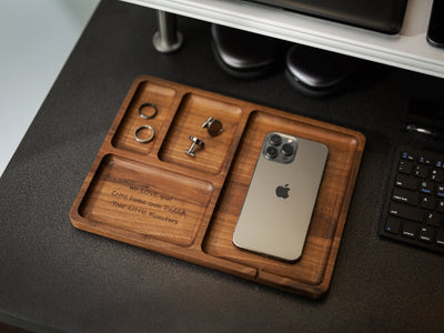 Rectangle Organizer Catchall D3 - 8.5x11.5" Large Wood Engraved Tray, Home Work Office Table Charging Station, Unique Gift for Husband Dad