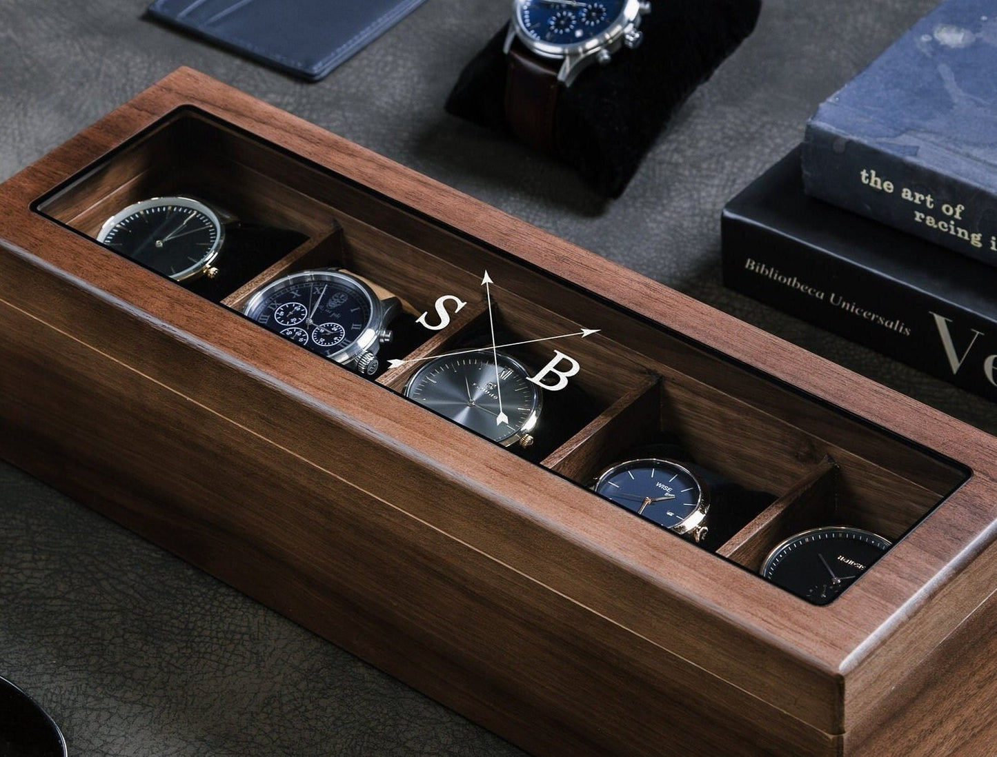 Wide Wood Watch Box (Design 1) - Custom Mens Watch Storage Case 5 Year Anniversary Wedding Engagement Gift for Husband Boyfriend Groom Dad