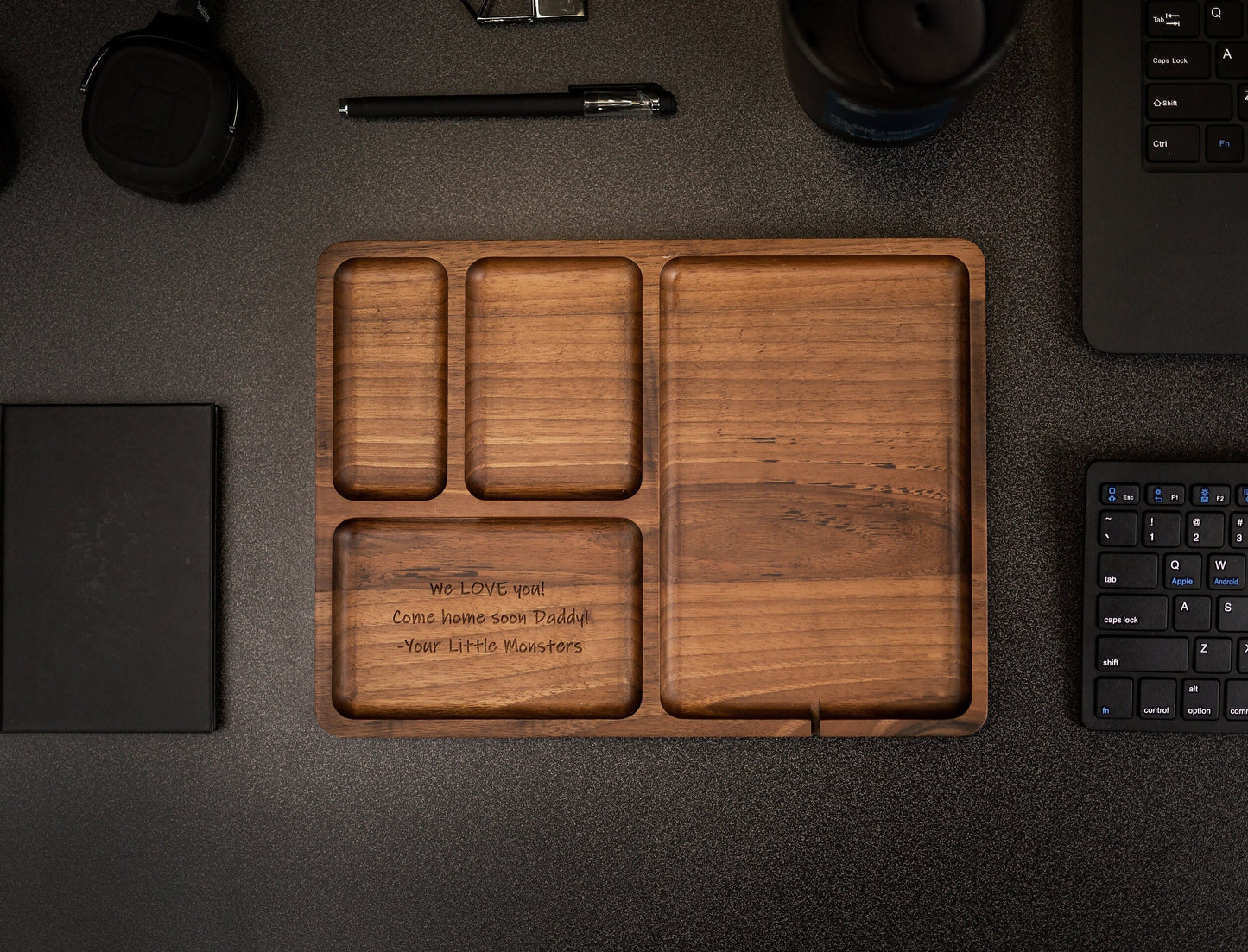 Rectangle Organizer Catchall D3 - 8.5x11.5" Large Wood Engraved Tray, Home Work Office Table Charging Station, Unique Gift for Husband Dad