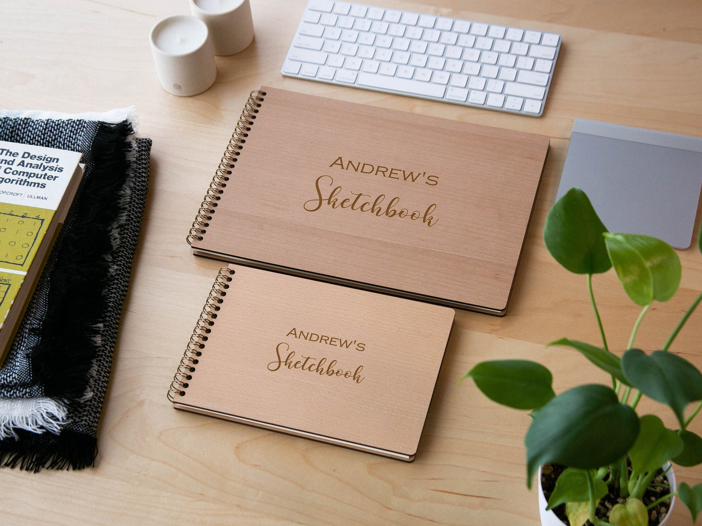 Engraved Spiral Wood Notebook (Design L) - Wooden Drawing Notepad, Artist Sketch Pad Spiral for Student, College Gift for Creatives