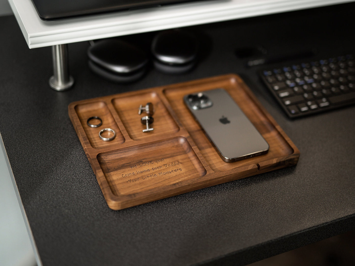 Rectangle Organizer Catchall D3 - 8.5x11.5" Large Wood Engraved Tray, Home Work Office Table Charging Station, Unique Gift for Husband Dad