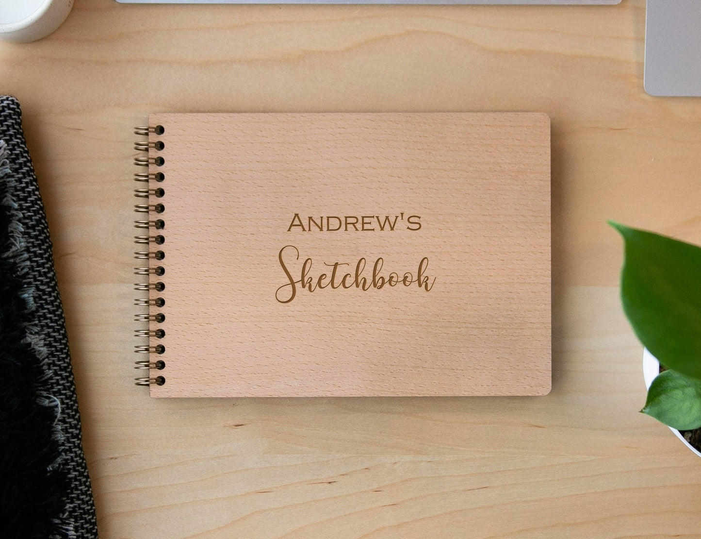 Engraved Spiral Wood Notebook (Design L) - Wooden Drawing Notepad, Artist Sketch Pad Spiral for Student, College Gift for Creatives