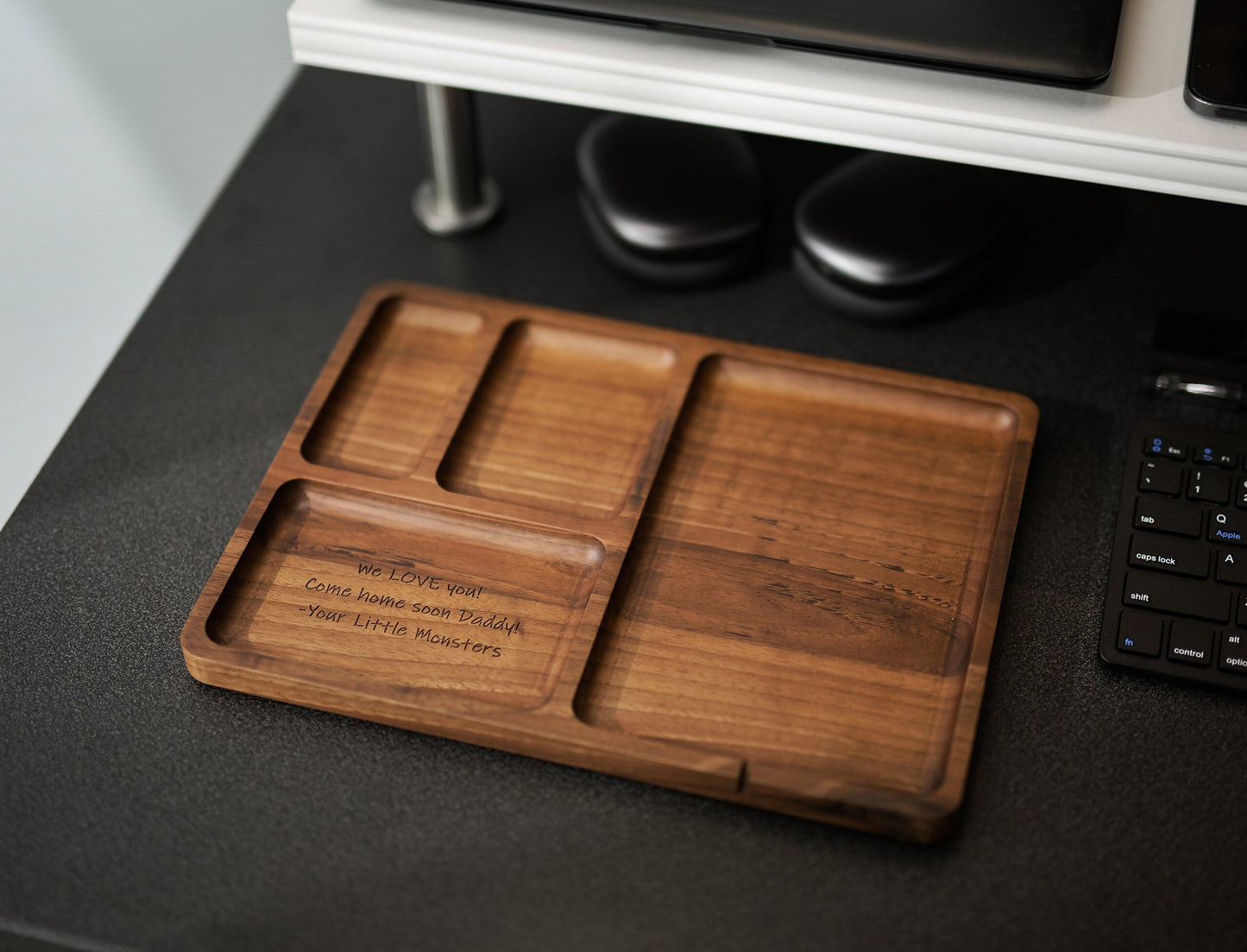 Rectangle Organizer Catchall D3 - 8.5x11.5" Large Wood Engraved Tray, Home Work Office Table Charging Station, Unique Gift for Husband Dad