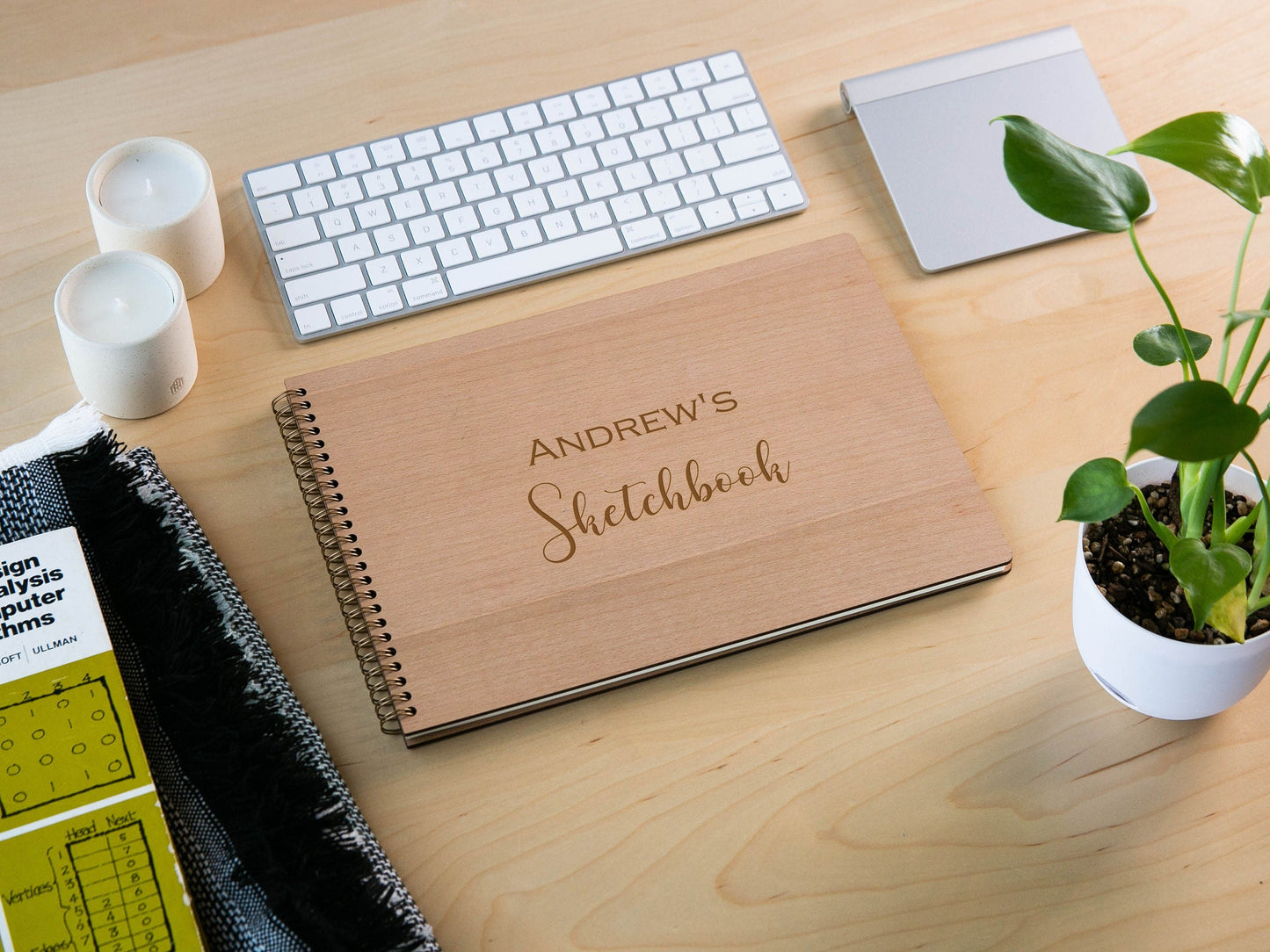 Engraved Spiral Wood Notebook (Design L) - Wooden Drawing Notepad, Artist Sketch Pad Spiral for Student, College Gift for Creatives