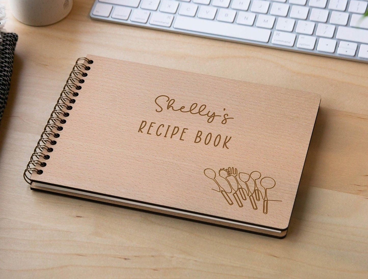 Engraved Spiral Wood Notebook (Design A) - Wooden Recipe Note Book Gift for Mom or Grandma, Chef Cook Recipes, Culinary School Student Gifts