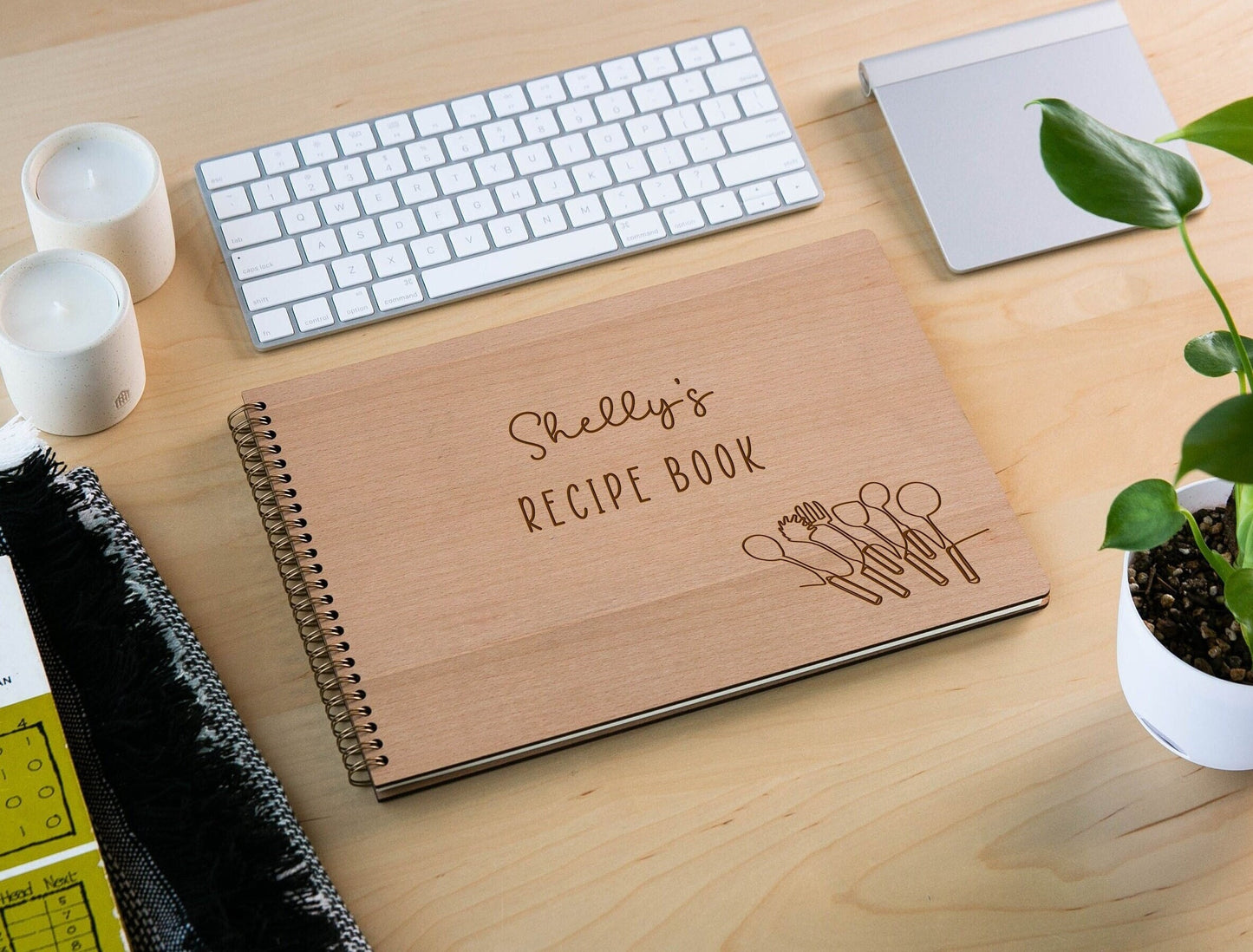 Engraved Spiral Wood Notebook (Design A) - Wooden Recipe Note Book Gift for Mom or Grandma, Chef Cook Recipes, Culinary School Student Gifts