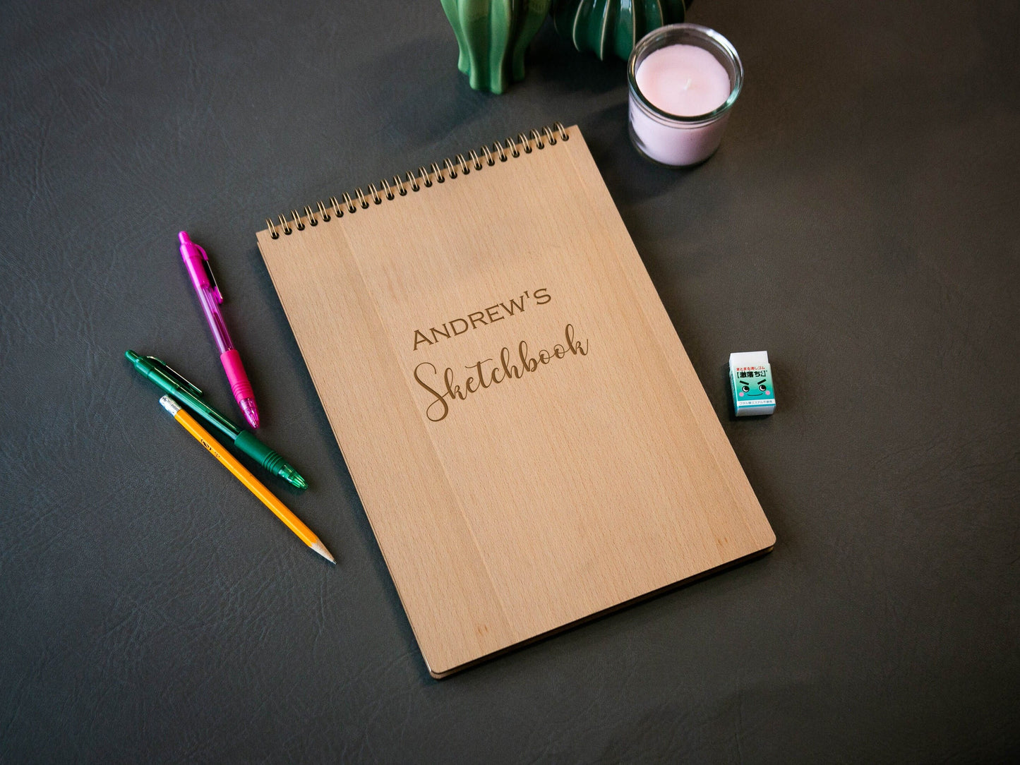 Engraved Spiral Wood Notebook (Design L) - Wooden Drawing Notepad, Artist Sketch Pad Spiral for Student, College Gift for Creatives