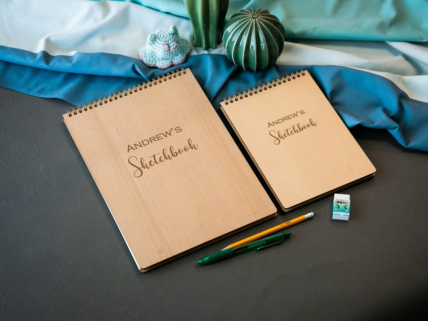 Engraved Spiral Wood Notebook (Design L) - Wooden Drawing Notepad, Artist Sketch Pad Spiral for Student, College Gift for Creatives
