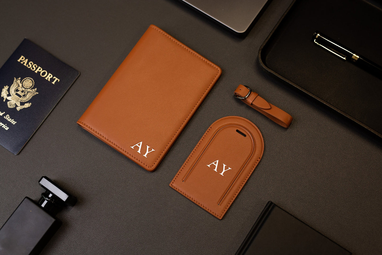 Embossed Leather Passport Holder & Embossed Luggage Tag (SET) - Personalized Travel Card Wallet, 3rd Wedding Anniversary Retirement Gift