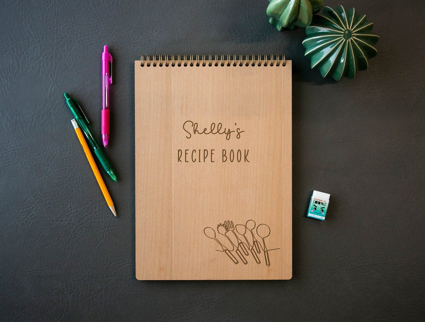 Engraved Spiral Wood Notebook (Design A) - Wooden Recipe Note Book Gift for Mom or Grandma, Chef Cook Recipes, Culinary School Student Gifts
