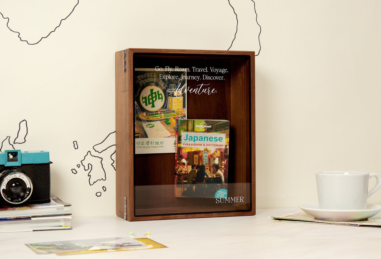 8x10 Shadow Box with Glass Lid (Design 8) - Unique Travel Adventure Memory Keepsake Box Flight Ticket Stub Holder Post Card Frame Collector