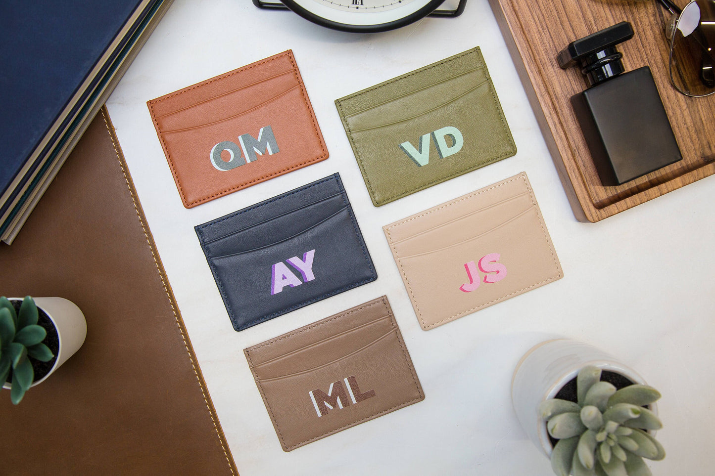 Personalized Leather Card Holder (Center) - Custom Monogram Name Initials Slim Money ID Wallet, Anniversary Wedding Travel Gifts for Him Her