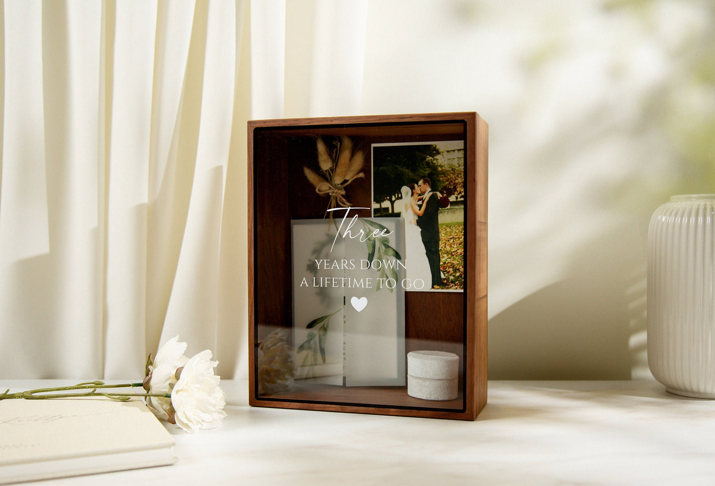 8x10 Shadow Box with Glass Lid (Design 3) - Unique Customized Wedding Anniversary Wood Gift for Husband Wife Wedding Proposal Box Keepsake