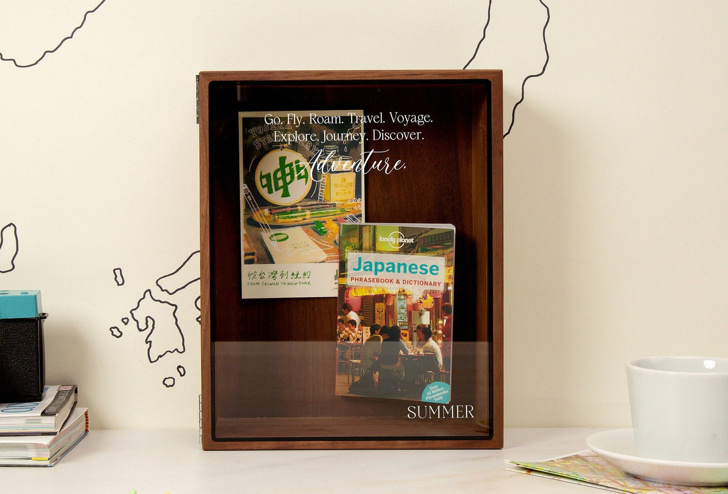 8x10 Shadow Box with Glass Lid (Design 8) - Unique Travel Adventure Memory Keepsake Box Flight Ticket Stub Holder Post Card Frame Collector