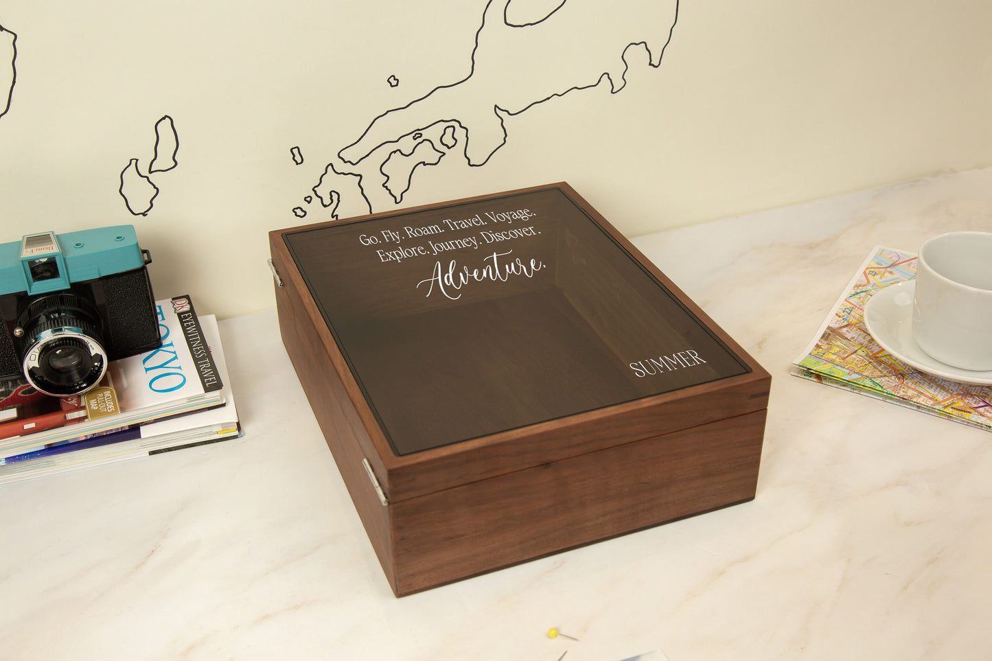 8x10 Shadow Box with Glass Lid (Design 8) - Unique Travel Adventure Memory Keepsake Box Flight Ticket Stub Holder Post Card Frame Collector