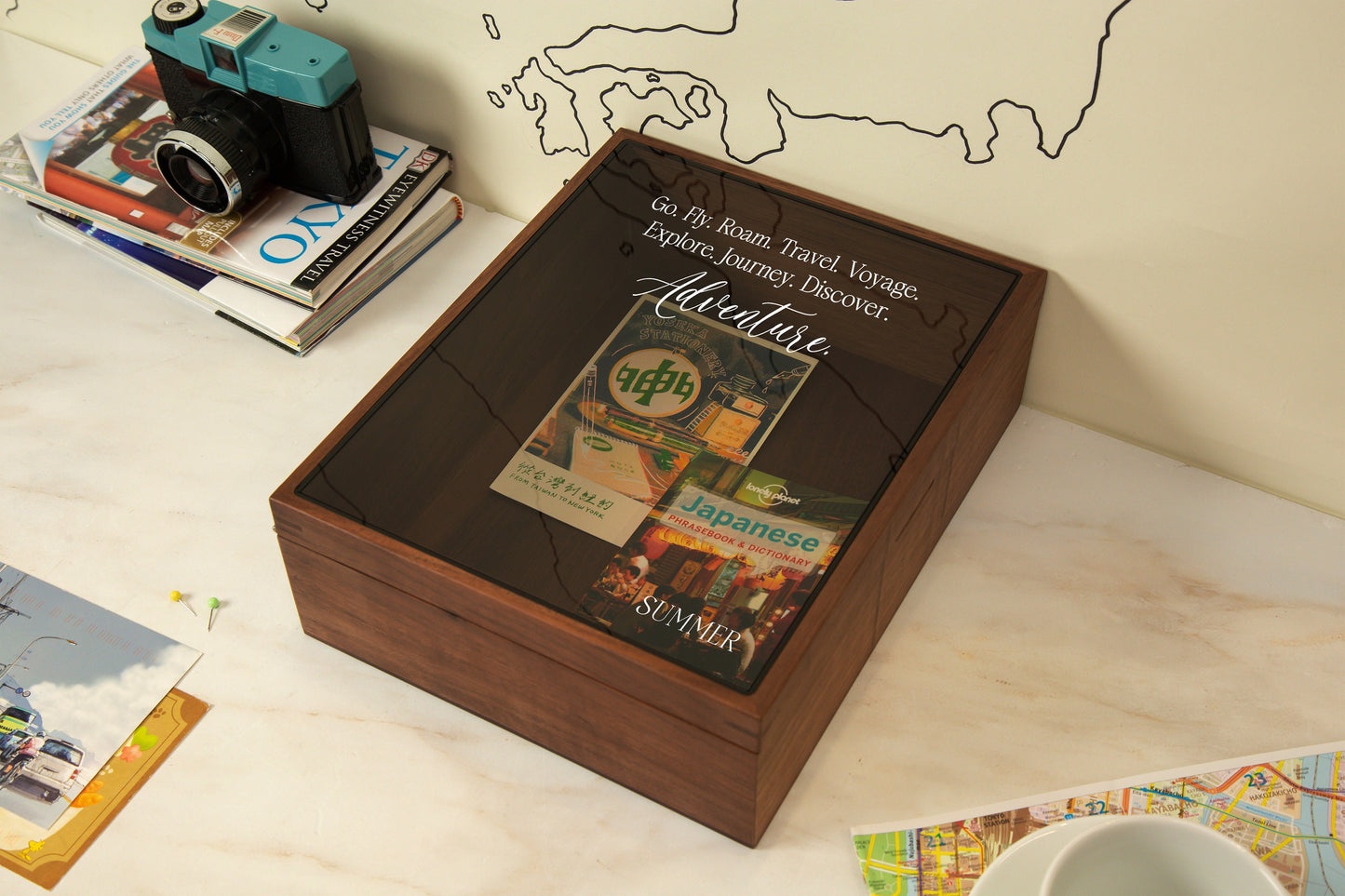 8x10 Shadow Box with Glass Lid (Design 8) - Unique Travel Adventure Memory Keepsake Box Flight Ticket Stub Holder Post Card Frame Collector