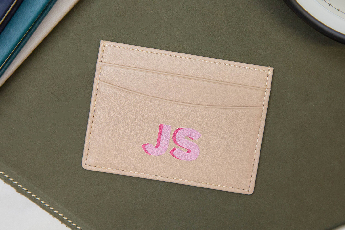 Personalized Leather Card Holder (Center) - Custom Monogram Name Initials Slim Money ID Wallet, Anniversary Wedding Travel Gifts for Him Her